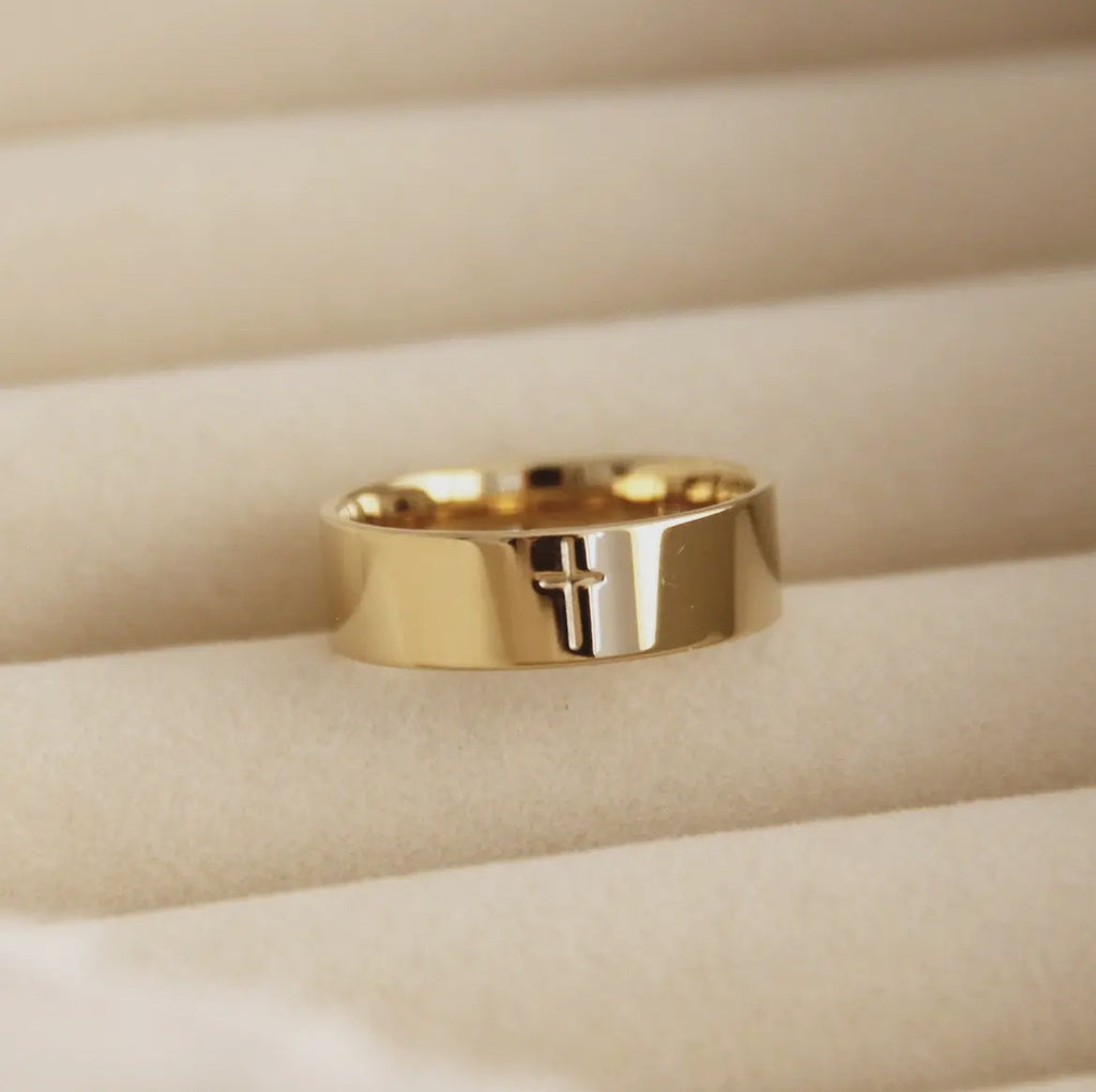 18K Gold Plated Engraved Cross Band Ring