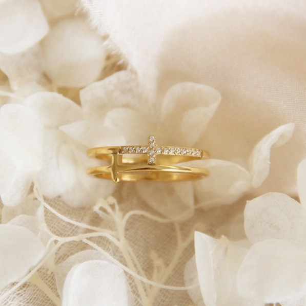 14K Gold Plated Double Cross Ring